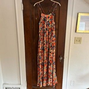Free People Mulberry Floral Maxi Dress Criss Cross Straps Large Keyhole